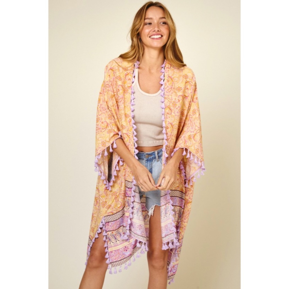 Lavender Paisley Printed Kimono Bohemian Cardigan w/ Tassels Fringe - Picture 3 of 6